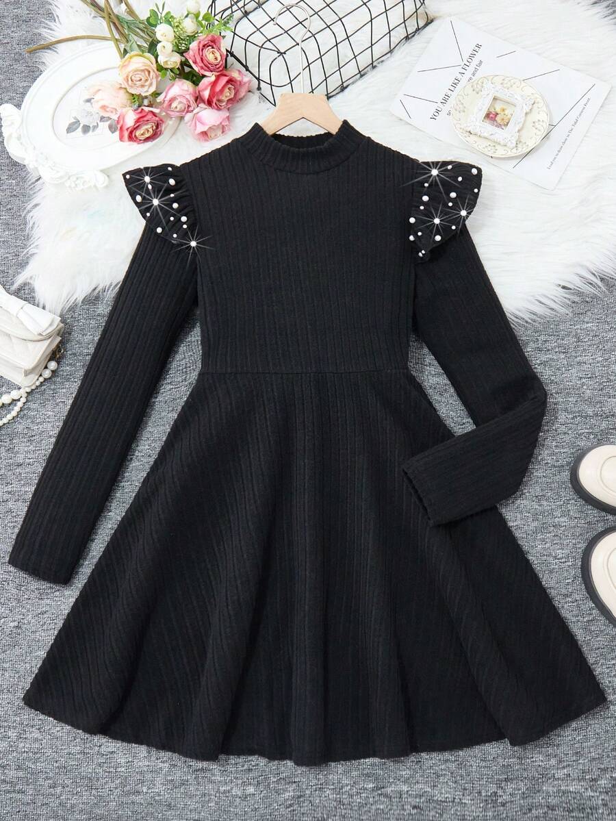 SHEIN Teen Girls Knitted Ribbed Cap Sleeve Beaded Casual Dress, Winter - Black - View 1