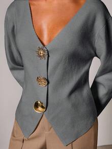 COSMINA Women's Elegant Metal Button V-Neck Cardigan Sweater, Autumn/Winter - Grey - View 7