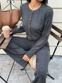 Flirla 女士复古硬币简约时尚休闲百搭百搭低腰裤和运动衫两件套 - 深灰色 - 查看 3