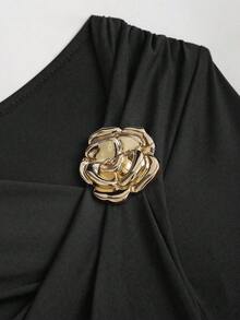Sweetra Petite 女款秋冬咖啡色不對稱長袖金屬裝飾層疊荷葉邊下擺迷你洋裝，適合嬌小女性 - 黑色 - 查看 3