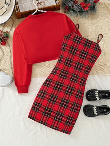 青少年女孩红色针织短款运动衫和格子紧身连衣裙两件套，适合日常穿着和圣诞节庆祝活动 - 紅色 - 查看 2