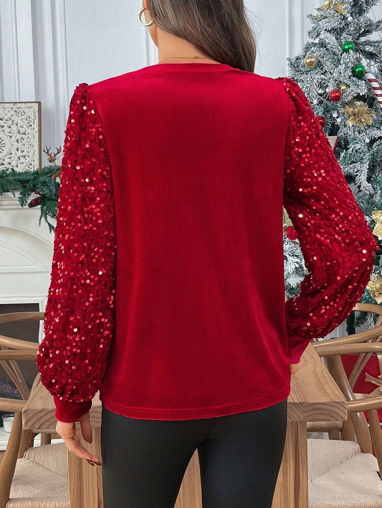 Women's Patchwork Crew Neck Long Sleeve Top, Autumn Cute Red Top, Contrast Sequin Christmas New Year Sparkly Top,Christmas