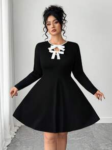 Elenzga Black Long Sleeve Dress With White Bow, Comfortable And Versatile, Suitable For Commuting And Casual Wear, Plus Size, Autumn/Winter - Black - View 5