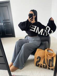 POPSWAY Quần ống rộng kẻ caro thường ngày cỡ lớn có nút cài, đa năng cho mùa xuân và mùa thu - Màu xanh hải quân - Xem 6