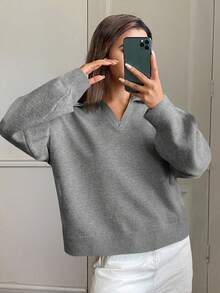 DAZY 女式宽松翻领长袖套头衫休闲街头针织毛衣，纯色，秋冬 - 灰色 - 查看 3
