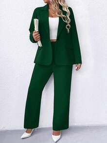 SHEIN Clasi Plus Size Women Solid Color Lapel Collar Long Sleeve Casual Blazer Jacket, Spring & Fall Graduation,Back To School,Teacher Outfits For Women Autumn - Dark Green - View 3