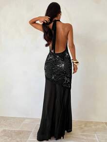 Aloruh 女士派对礼服、约会礼服、下午茶礼服、黑色深V领飘逸连衣裙、亮片连衣裙、超长连衣裙 - 黑色 - 查看 2