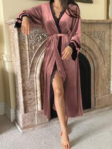 DAZY Women's Velvet & Lace Patchwork Robe, Winter - Dusty Pink - View 6