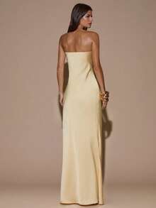 Sexy Minimalist Solid Color Yellow Cream Strapless Ruched Fitted Backless Dress, Suitable For Party, Cocktail, Formal Occasions, Bridesmaid, Birthday, Yellow Satin Long Dress, Banquet, Business Casual,Party Dresses For Women,,Valentine's Day,Valentine Outfits For Women - Yellow - View 2