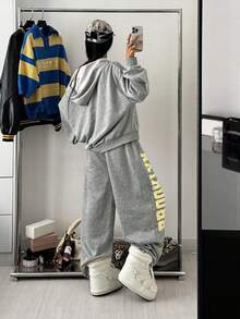 StreetHx 2pcs/Set Women Streetwear Oversized Letter Print Rhinestone Sweatshirt And Sports Sweatpants Fall Cloth For Women - Grey - View 2