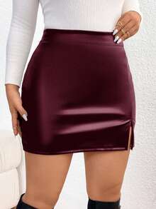 SHEIN Frenchy Plus Size Spring High Slit Wrapped Hem Bodycon Skirt/Winter - Burgundy - View 4