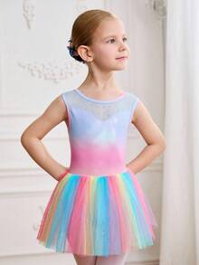 Sleeveless Ombre Tulle Ballet Dress For Girls, Leotard Dance Costume With Rhinestone Decor