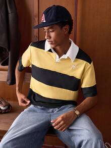 SWAVVY Men's Striped Short Sleeve Casual/Business Polo Shirt - Yellow - View 1