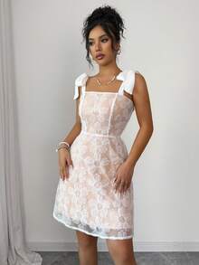 Rafferiza Pink Floral Summer Casual Party Women's Elegant Shoulder-Tie 3D Sequined Mini A-Line Dress, Sweet White Sparkly Wedding Party Wear Holiday Outfits - White - View 4