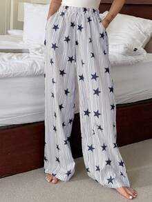 DAZY 条纹星星印花宽松女式睡裤 - 藏蓝色 - 查看 4