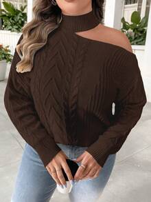 SHEIN Clasi Plus Size Women Casual Asymmetrical Shoulder Loose Cable Knit Pullover Sweater, Autumn/Winter - Brown - View 1