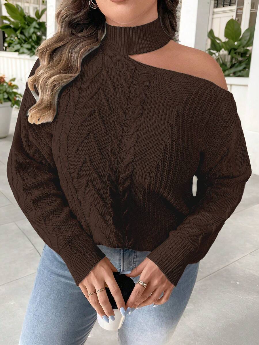 SHEIN Clasi Plus Size Women Casual Asymmetrical Shoulder Loose Cable Knit Pullover Sweater, Autumn/Winter - Brown - View 1