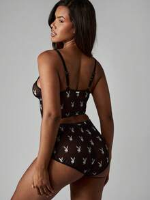 Missguided x Playboy Ensemble de soutien-gorge et culotte en maille avec imprimé lapin, collection de lingerie transparente