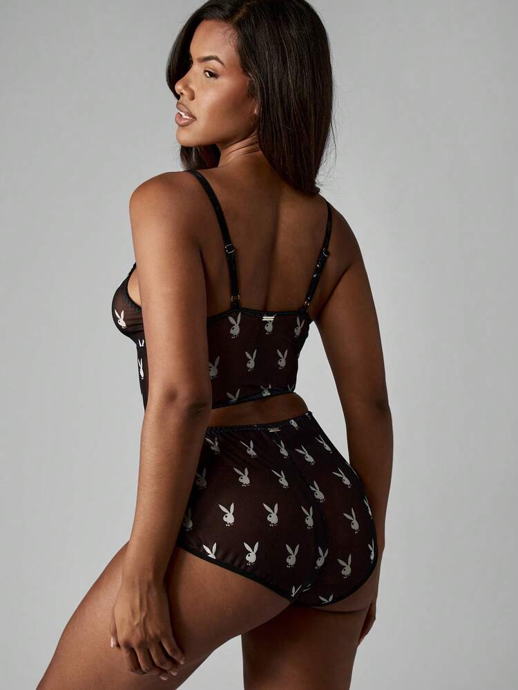 Missguided x Playboy Mesh-BH und Slip-Set mit Hasen-Muster, transparente Dessous-Kollektion