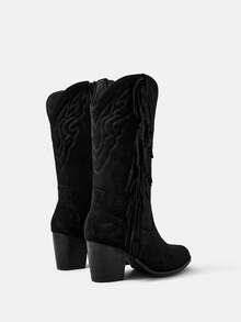 Botines de tacón grueso de punta redonda para mujer, adecuados para festivales de música, Halloween, Navidad y fiestas - Negro - Ver 4