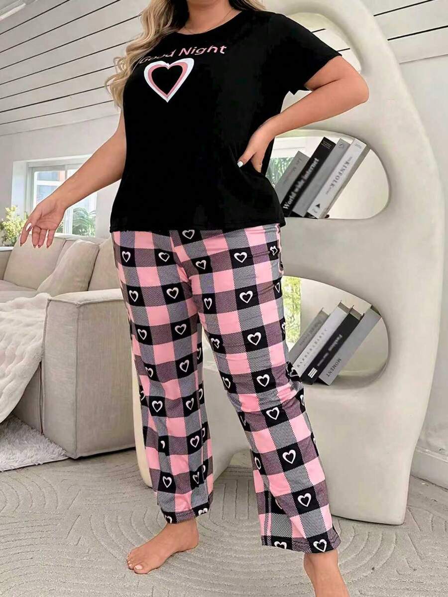 Plus Size Heart & Letter Print Homewear Pajama Set - Multicolor - View 1