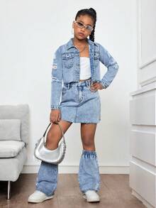 SHEIN 3pcs/Set Tween Girls Y2K Fashion Vintage Ripped Frayed Lapel Long Sleeve Cropped Blue Denim  Jacket And Denim Mini Skirt With Leg Warmers Set Fall Winter,For Girls Fall/Winter Dailywear Outfits,Girls Christmas Outfits,Girls New Year Clothes,Thanksgiving Outfit For Girls,Girls Winter Set,Teen Denim Clothes,Winter Clothes, Teen Street Jacket,Teen Three-Piece Set Outfits - Medium Wash - View 4
