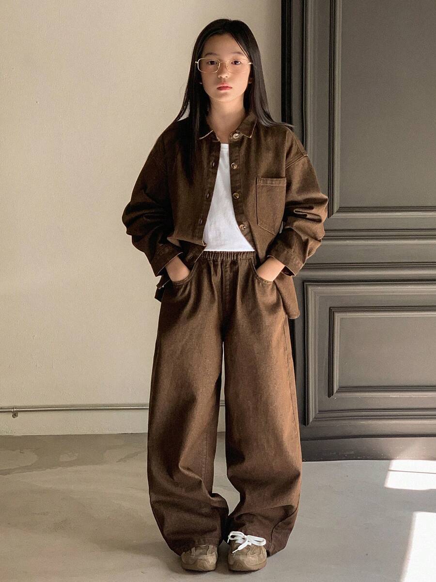 Dazy Kids Girls Denim Jacket + Jeans 2-Piece Outfit - Chocolate Brown - View 1