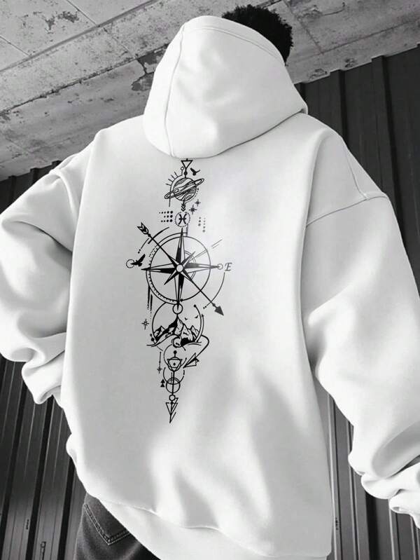 Manfinity Homme Plus Size Men's Compass Print Hoodie Sweatshirt Grunge Hoodie White Graphic Hoodie