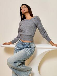 Lyxana New Asymmetrical Cross Design Sweater - Grey - View 6