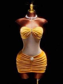 Amplova Women's Mustard Yellow Velvet Mini Skirt,Y2K 70s &Avant-Garde Ruched Waist,Suitable For Summer Party,Christmas,Gala,New Year&Thanksgiving - Champagne - View 10