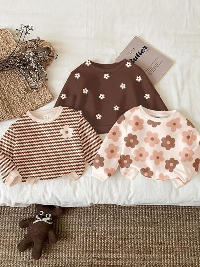 SHEIN 3 件可爱花卉系列，奶油白色，棕色条纹，棕色，女婴休闲简约舒适厚实柔软圆领运动衫，适合秋冬季，日常穿着，新年，家居