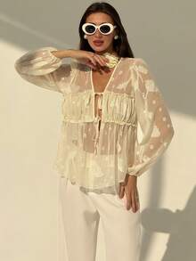 Aloruh Apricot Romantic Date New Autumn/Winter Textured Open Front Tie V-Neck Ruched Flounce Puff Sleeve Loose Women Blouse - Apricot - View 5