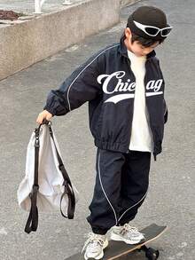 SHEIN 2 件青少年男孩休闲运动套装：插肩袖立领夹克，带装饰带和松紧腰裤，适合通勤、上学、日常休闲、旅行、运动，加厚羊毛，适合春季、夏季、秋季、冬季