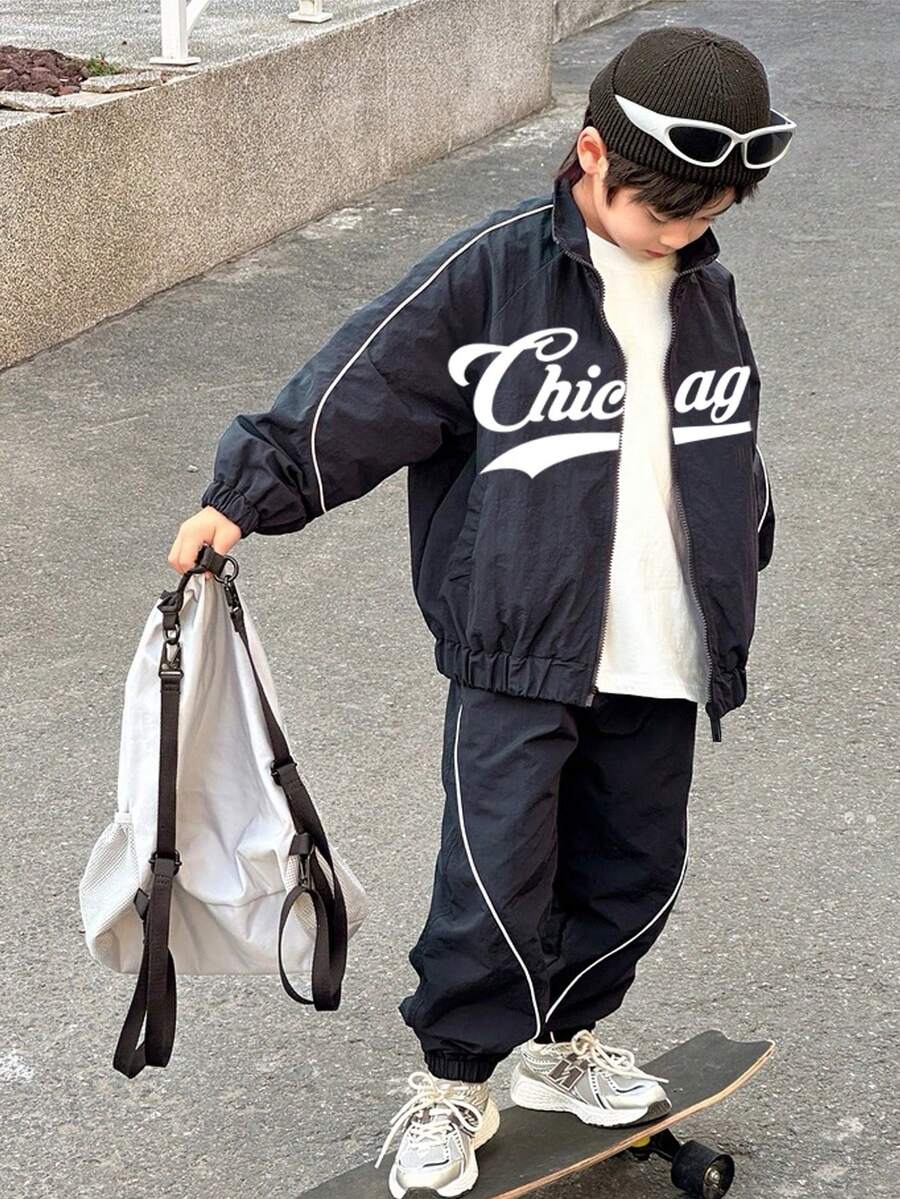 SHEIN 2 件青少年男孩休闲运动套装：插肩袖立领夹克，带装饰带和松紧腰裤，适合通勤、上学、日常休闲、旅行、运动，加厚羊毛，适合春季、夏季、秋季、冬季