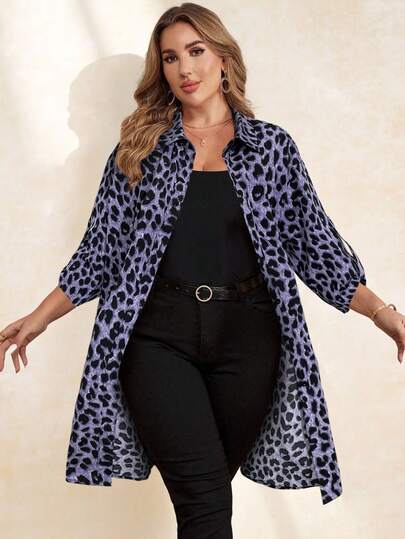 Chikora Plus Size Leopard Print Button-Up Long Sleeve Shirt, Women Autumn Wear
