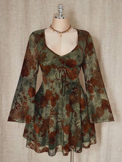 SHEIN ICON Women's Plus Size Autumn And Winter Retro Sexy Bohemian Style Vacation Y2K Millennial Style Forest Mesh Tie-Dye Brown Floral Flocking Sweetheart Neckline Trumpet Sleeve Loose Hem Green Mini Dress
