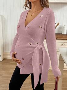 SHEIN Maternity Crossover Wrap Front Embroidered Long Sleeve Fitted Sweater