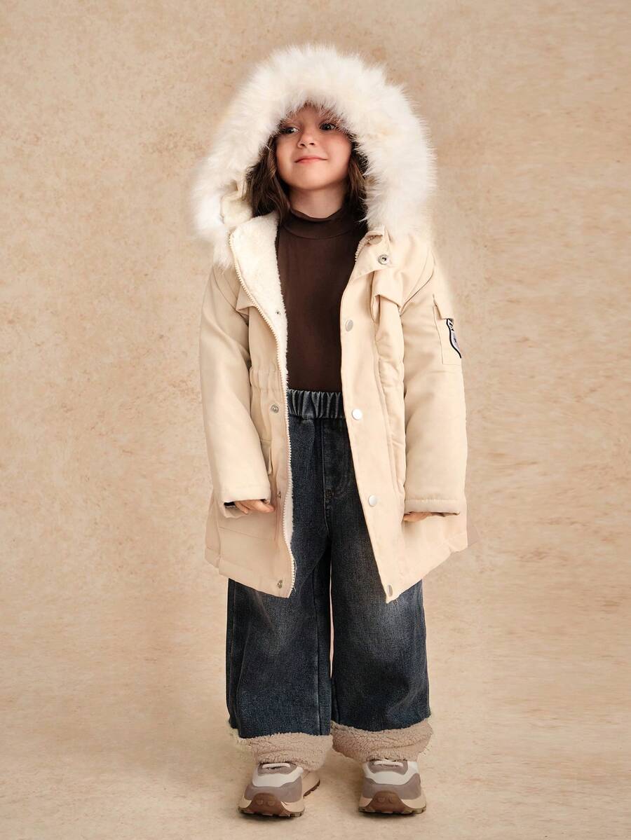 SHEIN Chaqueta con capucha forrada térmicamente de estilo casual para niña, versátil para el invierno - Caqui - Ver 1