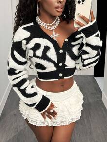 BamGleam 女士短款开衫毛衣，长袖，休闲/运动风，秋冬季，女士冬季，黑白 - 黑色 - 查看 4