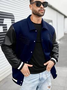 Manfinity LEGND 加大码男士撞色拼接前扣棒球长袖夹克 - 寶藍色 - 查看 5