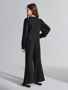 Ontre Ensemble chemise à double boutonnage en chiffon patchwork tressé et pantalon évasé pour préadolescentes - Noir - Voir 2