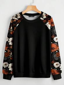 EMERY ROSE Plus Size Women Vintage Floral Print Sweatshirt, Suitable For ,Spring - Multicolor - View 8