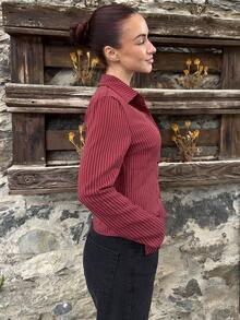 女士条纹印花简约日常长袖衬衫女士衬衫 - 酒紅色 - 查看 4