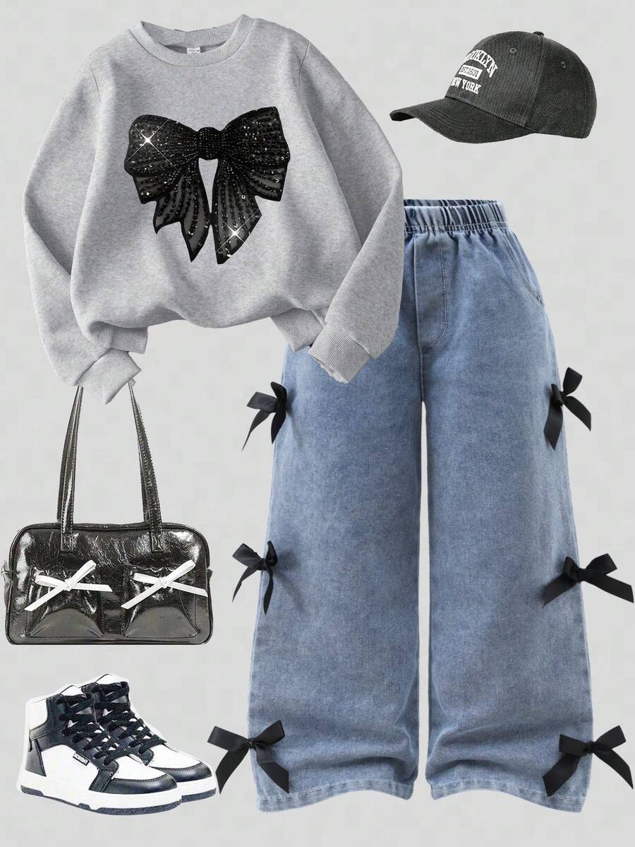 2pcs/Set Young Girls Spring, Autumn & Winter Back To School Casual Fashion Sweatshirt Set, Black Sequin Bow Front, Gray Solid Knit Sweatshirt With Ribbed Cuffs, Collar & Hem, Paired With Black 3D Bow Accent Jeans, Suitable For Cute & Sweet Daily, School, Vacation, Party Wear In Autumn/Winter - Multicolor - View 1