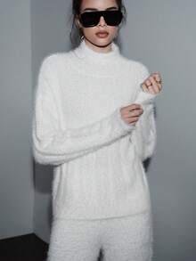 Lumivelle 女式杏色纹理仿皮草柔软休闲百搭时尚针织套头衫 - 杏色 - 查看 3