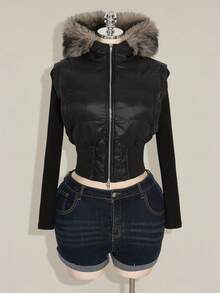 SHEIN ICON 大码拉链毛绒装饰连帽短款羽绒大衣黑色 - 白色 - 查看 5