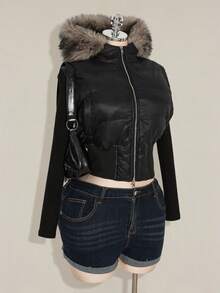 SHEIN ICON 大码拉链毛绒装饰连帽短款羽绒大衣黑色 - 白色 - 查看 7