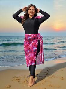 Swim Shayni 1 Bộ đồ bơi liền thân in họa tiết khóa kéo nửa hở cỡ lớn đi biển mùa hè kèm áo choàng và váy - màu đen - Xem 1