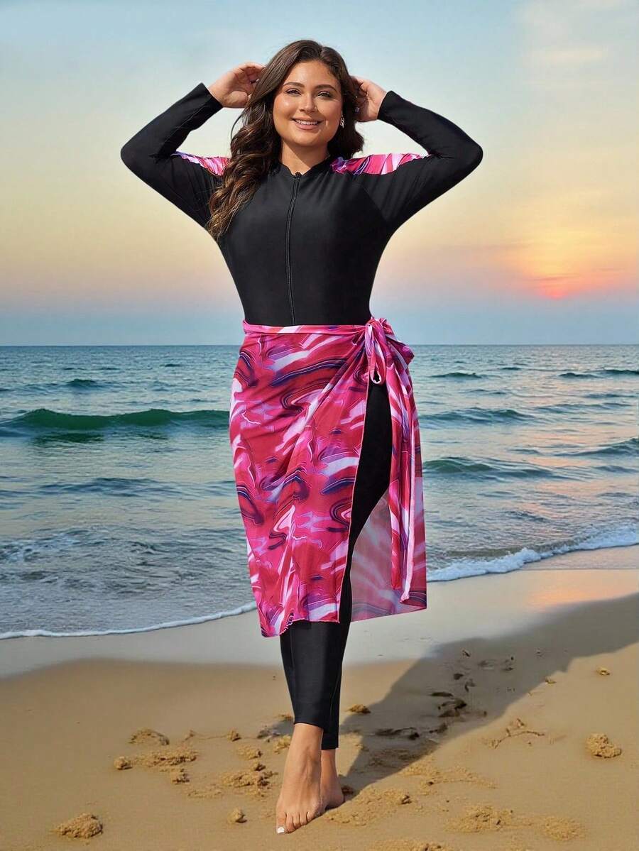 Swim Shayni 1 Bộ đồ bơi liền thân in họa tiết khóa kéo nửa hở cỡ lớn đi biển mùa hè kèm áo choàng và váy - màu đen - Xem 1