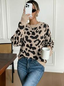 Serisse Suéter de cuello redondo de manga larga con estampado total casual para mujer en otoño/invierno - Negro - Ver 4